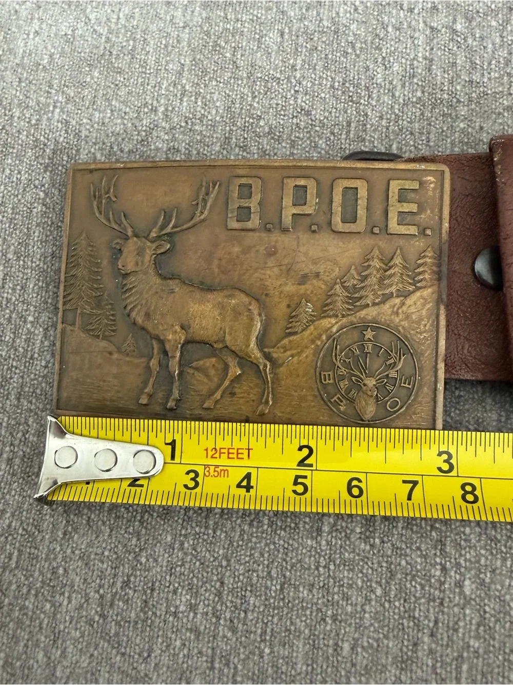 Vintage Paris Leather Belt BPOE Elks Lodge Brass Buckle Mens Sz 38 Brown USA Mad